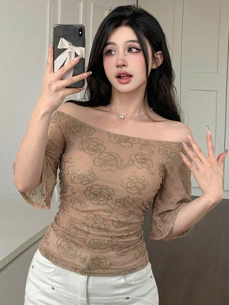 Women's Ditsy Floral Rhinestone Decor Top, Elegant Fit For Party, Wedding, Prom, Commute, Flare Sleeve Chiffon Top Summer