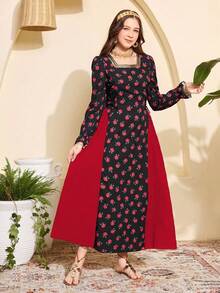 Đầm bé gái tuổi teen in hoa, cổ vuông viền ren vàng, tay dài xòe, dài đến mắt cá chân, phối ren bên hông, thích hợp cho mùa xuân. - màu đen - Xem 5