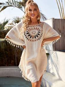 Swim Lushoire Summer Beach Crochet Panel Fringe Decorated Cover Up Dress Wedding - Apricot - View 3