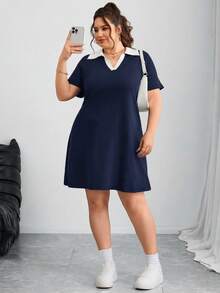 SHEIN CURVE+ 大码女式撞色翻领短袖休闲连衣裙，毕业礼服 - 藏蓝色 - 查看 6