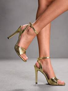 CUCCOO SZL Women's Square Toe Buckle Design Fashionable Elegant High Heel Sandals Valentine's Day - Gold - View 4