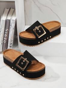 Solezae Dép xỏ ngón đế xuồng đế xuồng mới dành cho nữ, dép xỏ ngón Birkenstocks thoải mái, tối giản, phong cách thường ngày, không quai hậu - màu đen - Xem 1