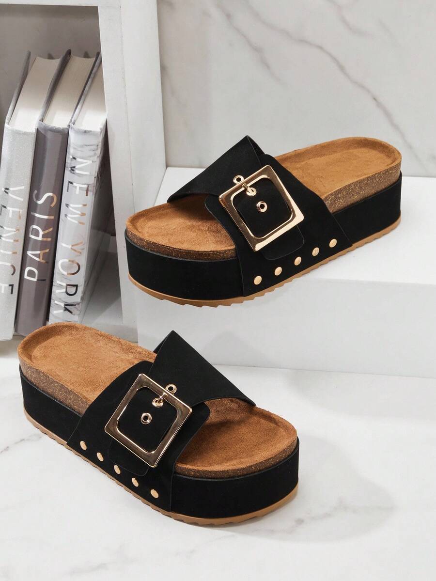 Solezae Dép xỏ ngón đế xuồng đế xuồng mới dành cho nữ, dép xỏ ngón Birkenstocks thoải mái, tối giản, phong cách thường ngày, không quai hậu - màu đen - Xem 1