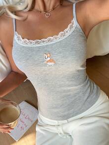 CovetEZ 女士小狗刺绣蕾丝拼接修身吊带背心，适合约会和外出穿着 - 灰色 - 查看 3