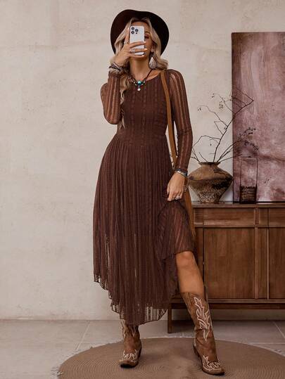 LanaWest Vestido Elegante de Manga Longa com Bainha Assimétrica em Malha Colorida e Recortes