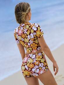 Swim SPRTY Women's Floral Print Round Neck Short Sleeve Top And Shorts 2-Piece Tankini Set, Suitable For Spring/Summer - Multicolor - View 2