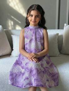 SHEIN Tween Girl Elegant A-Line Stand Collar Sleeveless Dress,Purple Lavender Lilac Princess Partywear For Kids,Light Blue And White,Summer,Elegant,Party - Purple - View 2
