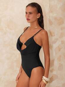 Swim Chiccia 女士新款纯色吊带深V领上衣和丁字裤性感两件套 - 黑色 - 查看 3