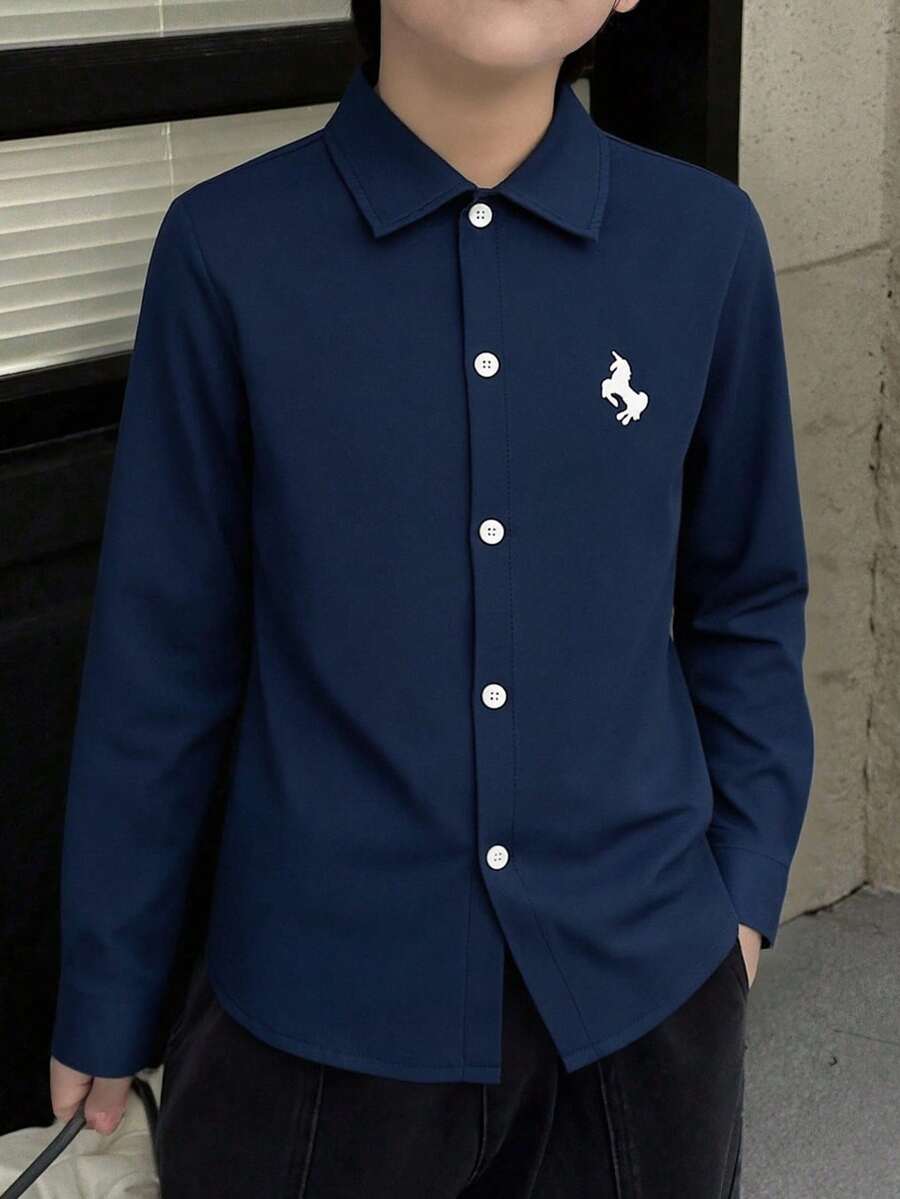 Mirajuku 男童极简印花长袖衬衫 - 藏蓝色 - 查看 1