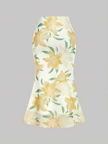 SHEIN MOD 梦幻浪漫黄色花卉印花垂褶领两件套——美人鱼裙摆，珍珠链饰，适合花园茶会、约会、派对、女士春夏装、春假、度假、野餐、节日、生日等场合 - 黃色 - 查看 8