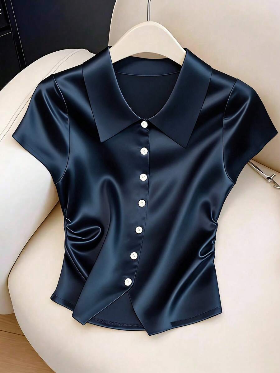 GlowEve Áo sơ mi satin phối eo nhún bèo, màu trơn, cài cúc phía trước, kiểu dáng thanh lịch, ôm dáng. - Màu xanh hải quân - Xem 1