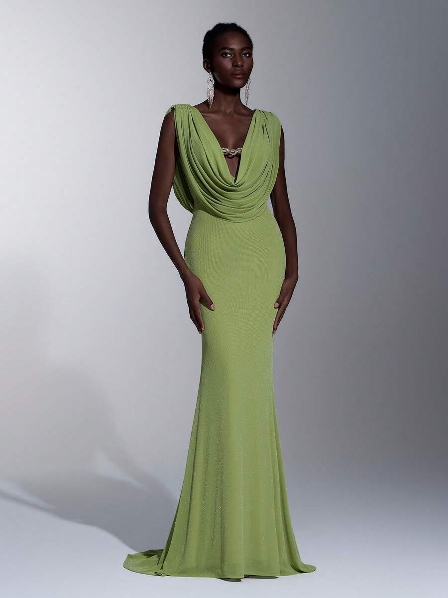 Elitara Đầm dạ hội thanh lịch, lãng mạn với cổ chữ V sâu, khóa kim loại, vạt đuôi cá, thích hợp cho các lễ hội, đám cưới, dạ tiệc, hòa nhạc, sự kiện kinh doanh, và các dịp dành cho người nổi tiếng trên mạng xã hội.