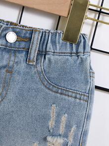 SHEIN Baby Boy Summer Casual Distressed Ripped Frayed Blue Button Front Pockets Skinny Denim Shorts,Baby Spring/Summer Spring Break Daily Wear - Light Wash - View 5