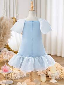 Vestido corto de manga corta con bordado floral de organza elegante y lindo para niña - Multicolor - Ver 10