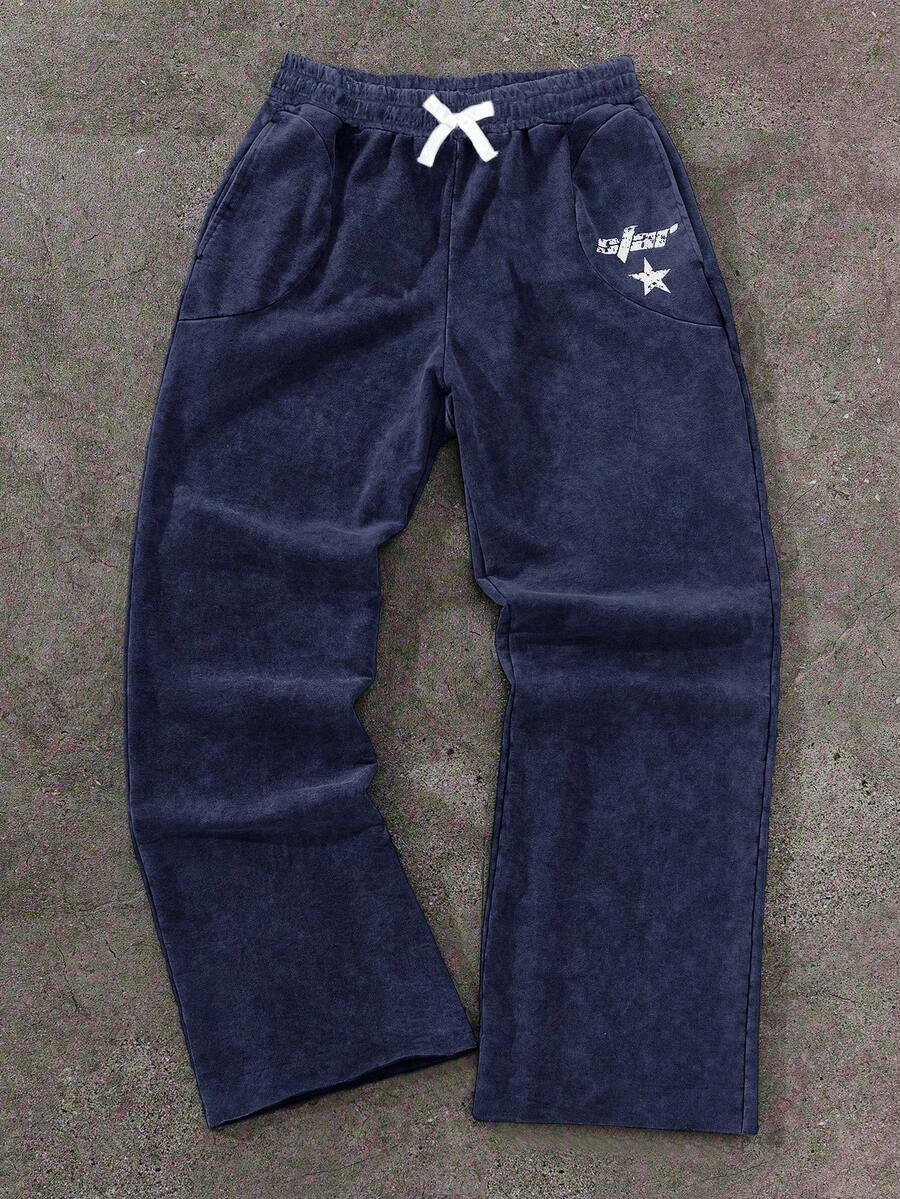 SHEIN Teen Boy/Teen Boys' Casual Everyday Comfortable Printed Loose Straight Leg Sweatpants - Navy Blue - View 1