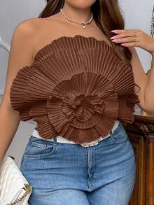 SHEIN Privé Plus Size Pleated Tight Fitting Top, Suitable For Vacation, Dates, Parties, Beach, Spring/Summer - Brown - View 4