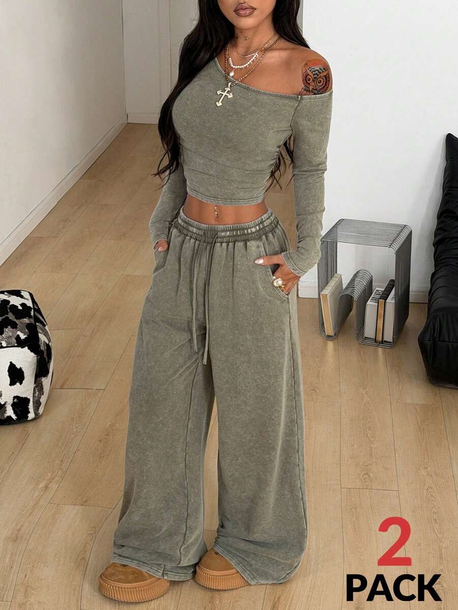 Coolane 女士日常穿搭必备针织弹力舒适不对称领长袖上衣和阔腿运动裤套装两件套 - 軍綠色 - 查看 1