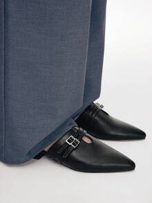 女士尖头搭扣设计日常百搭时尚穆勒高跟鞋 - 黑色 - 查看 10