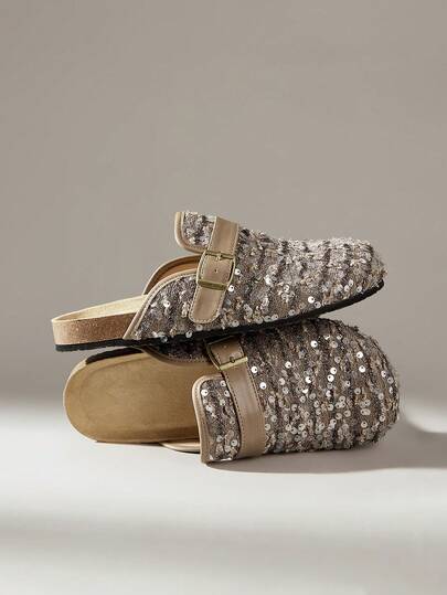 Solecia Women's New Flat Slip-On Mule Shoes, Glitter Sparkling Innovative Comfortable Versatile, Suitable For Outdoor Shopping Or Commuting