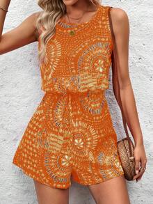 Breezaya All-Over Print Round Neck Casual Versatile Sleeveless Romper - Orange - View 6