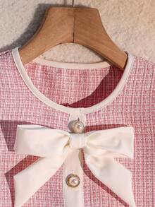 SHEIN Tween Girl Round Neck Bow Decor Pleated Sweet Short Sleeve Dress, Suitable For Vacation And Daily Wear - Pink - View 4