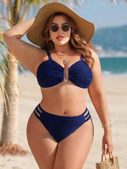 Swim Lushoire 2026 Spring/Summer New U-Shaped Accessory Sexy Special Fabric Beach Resort Thick Strap 2 Pieces Plus Size Swimsuit Set