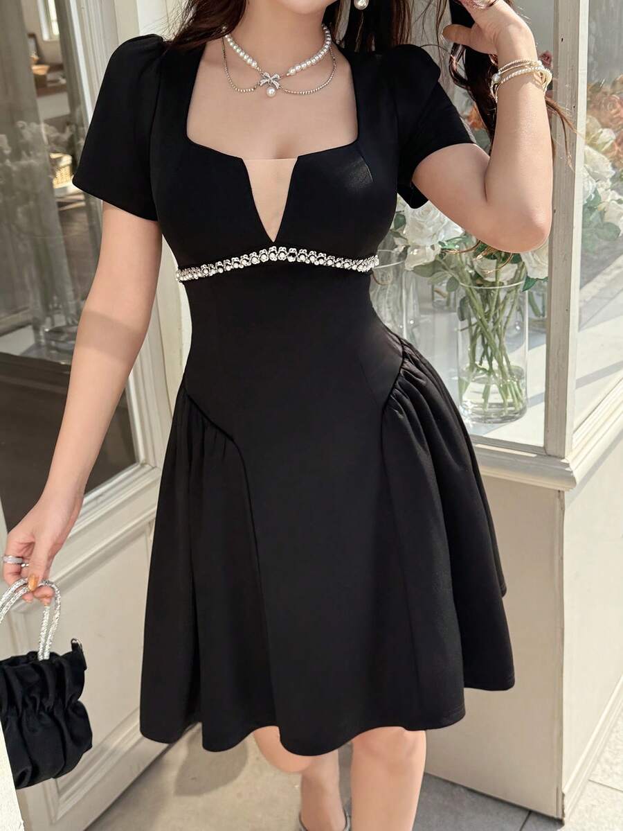 Feyla New Elegant Rhinestone Embellished Square Neck Chic Cocktail Mini Dress - Black - View 1