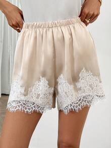 Easowa Quần short satin phối ren, cạp chun, kiểu dáng thoải mái, thanh lịch, phong cách vintage dành cho nữ, thích hợp mặc đi làm, mùa xuân/hè. - Màu be - Xem 7