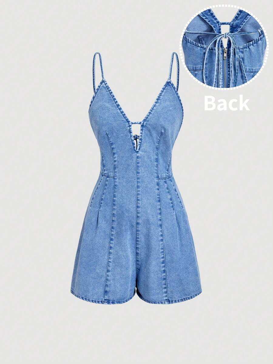 Sweetra Women's Deep V-Neck Back Zipper Design Denim Romper - Blue - View 1