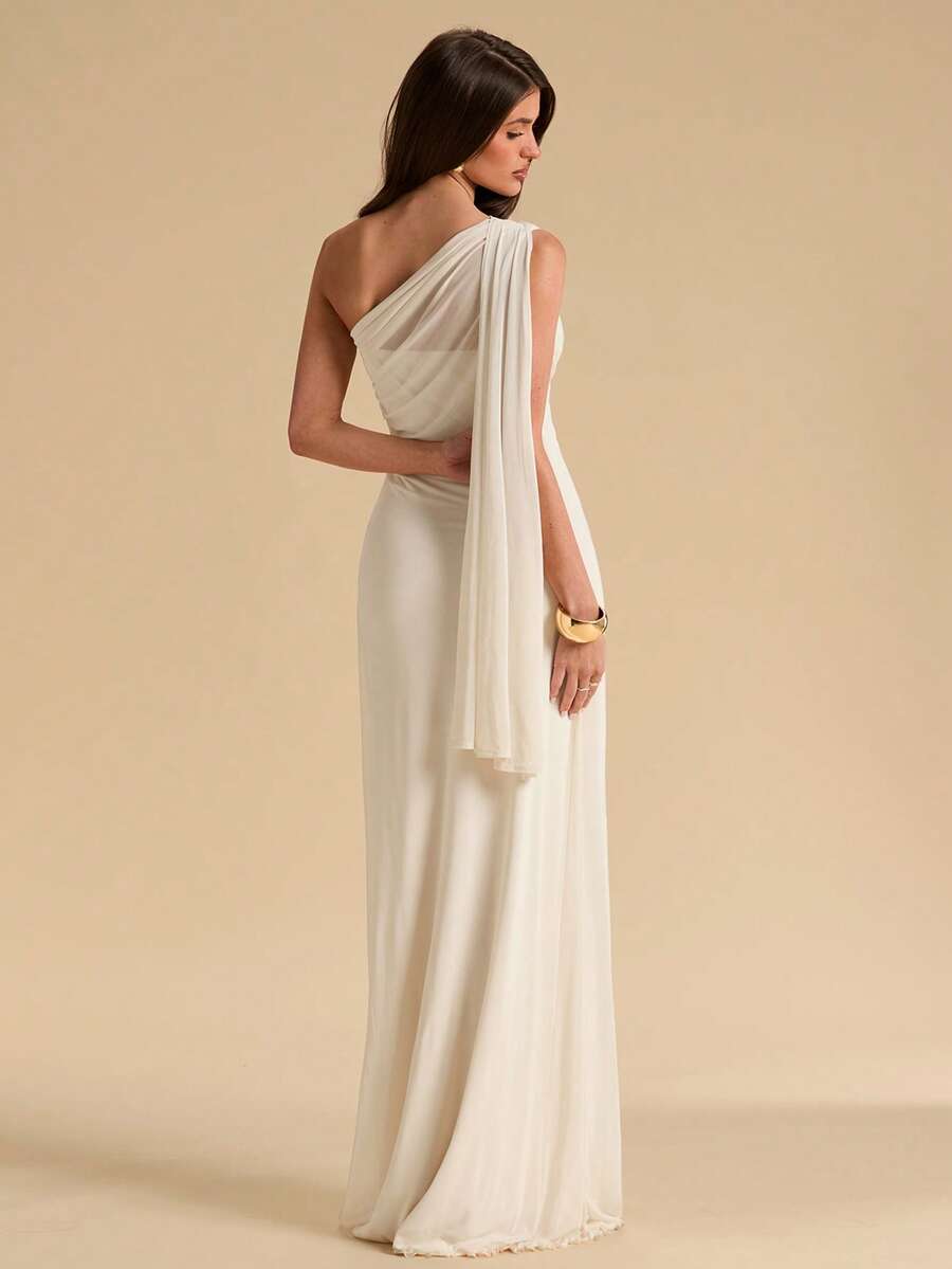 SHEIN BAE Đầm voan mỏng bất đối xứng thắt eo, đầm đi biển thanh lịch, đầm nhẹ, đầm đi nghỉ mát. - Màu be - Xem 1