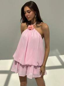 Aloruh 女士纯色简约休闲3D立体花卉装饰无袖迷你连衣裙 - 粉色 - 查看 3