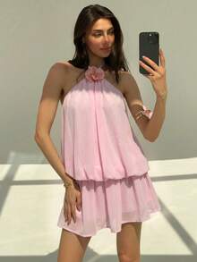 Aloruh 女士纯色简约休闲3D立体花卉装饰无袖迷你连衣裙 - 粉色 - 查看 7