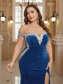 SHEIN Belle 大码V领无袖刺绣亮片拼接高开衩韩版丝绒礼服（重工装饰） - 墨綠色 - 查看 4