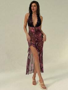 Aloruh Midi-Kleid mit Blumendruck und Spitzenkante, Rüschen-Chiffon-Kleid mit hohem Schlitz für Urlaubspartys für Frauen - Verschiedenfarbig - Übersicht 3