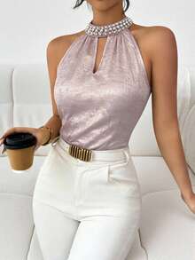 Selianne Sleeveless Stand Collar Hollow V-Neck Beaded Light Pink Tank Top - Baby Pink - View 4
