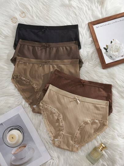 NudeFit 5pcs Women's Solid Color Ribbed Knit Bow Decor Contrast Lace Comfortable Bikini Panties