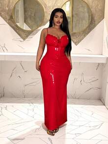 Slaydiva Mới/Lễ Phục Sinh/Phong cách phương Tây/Ngày lễ Năm Mới/Ngày Valentine/Thời trang đường phố gợi cảm dành cho nữ/Đầm ôm sát gợi cảm Gyaru dành cho ngày Valentine cỡ lớn bằng chất liệu PU, dây mảnh - Màu đỏ - Đỏ - Xem 8