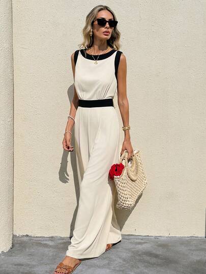 SHEIN Frenchy Women's Casual Sleeveless Jumpsuit With Contrast Color, Suitable For Summer Daily Wear,French Minimalist Colorblock Sleeveless Jumpsuit With Trim, Cinched Waist Slimming Design, Essential For Summer Commute/Vacation, Summer Jumpsuit Woman, Casual Long Dress, White Maxi Dress Women, Vacation Dress Woman, Long Dress Summer Women,Casual Outfit For Women, Holiday Outfits For Women , Going Out Outfits,