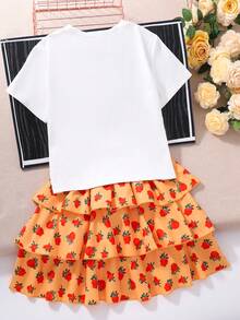 Girls Cute Lantern & Girl Print T-Shirt With Burgundy Rose Cake Skirt Set, Summer - Yellow - View 2