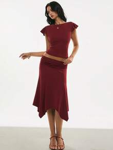 Poéselle Women's Set Backless Cowl-Drape Top & Asymmetric Handkerchief-Hem Midi Skirt – Wine Red Two-Piece Date-Night Co-Ord Two Piece Set Women, Backless Top, Cowl Back Blouse, Asymmetric Skirt Outfit, Wine Red Dress Set, Handkerchief Hem Skirt, Date Night Co Ord, Elegant Summer Matching Set Elegant Drape Neck Backless Fitted Cropped Top And Hanky Hem Mini Skirt 2 Pieces Set, Summer Outfit Spring Outfit Women Valentine's Day Valentine Outfits For Women Carnival Women Vacation Outfits Women Red Top&Red Skirt - Burgundy - View 2