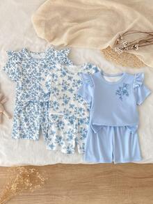 6pcs Baby Girls' Floral Print Short Sleeve Shorts Snug Fit Casual Homewear Set Spring Toddler Sets Baby Girl Blue Sets - Blue - View 1