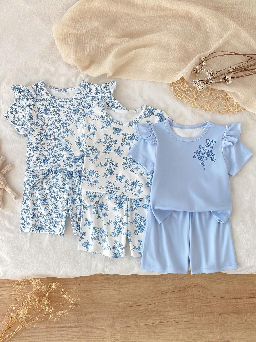6pcs Baby Girls' Floral Print Short Sleeve Shorts Snug Fit Casual Homewear Set Spring Toddler Sets Baby Girl Blue Sets - Blue - View 1