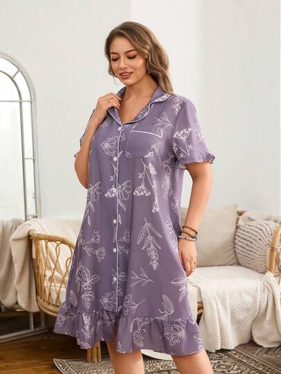 SHEIN Camisón de talla grande con estampado floral de ramas de seda sintética y volantes en el frente abierto