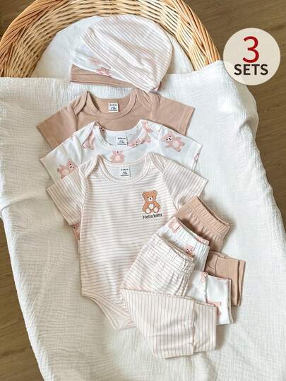 Playful Pals 6pcs/Set Newly Born Baby Girls And Boys Round Neck Short Sleeve Bear Print Striped Solid Color Romper + Elastic Waist Pants Casual Cute Outfit + Hat, Suitable For Summer Daily Outings, Travel, Weekend Park Play And Other Occasions