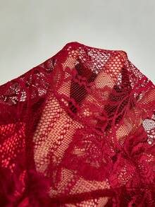 SHEIN Women's Backless Lace Trim Faux Silk Nightgown - Burgundy - View 5