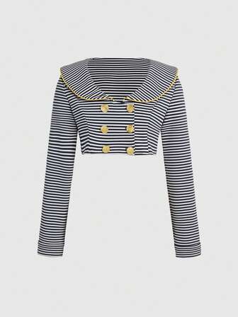 Grunge Punk Giacca leggera corta con apertura frontale, a righe blu navy e bianche, in stile nautico retrò