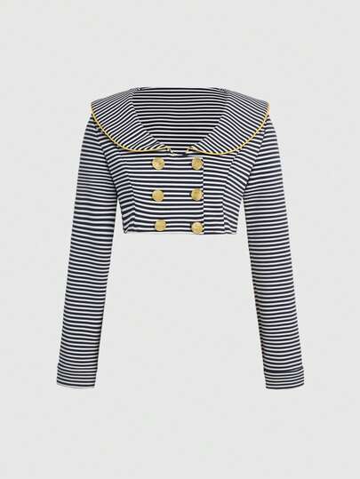 Grunge Punk Retro Nautical Navy Blue & White Striped Open Front Short Lightweight Jacket