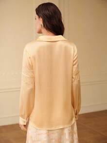 ZEYLAH Lightweight Lace Patchwork Long Sleeve Shirt, Spring - Apricot - View 3