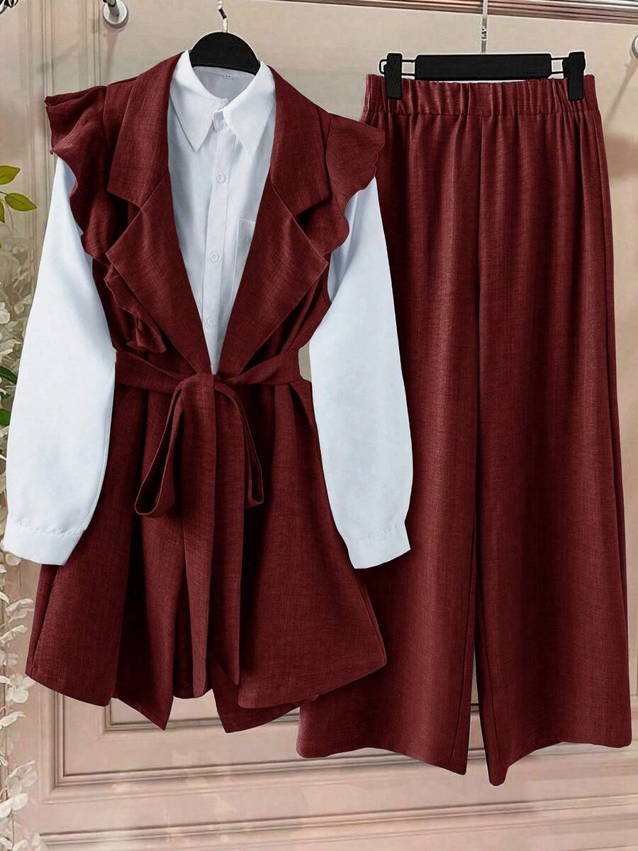 Linhara Plus Size Women's Solid Color Contrast Ruffle Trim Faux Pocket Full Button Elegant Commuter Blazer Jacket + Solid Button A-Line Simple Versatile Skirt 2 Piece Set - Red - View 1