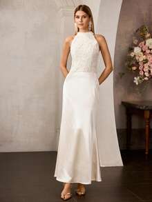 MOTF Soiréza WOMEN'S SOLID COLOR HALTER NECK 3D FLORAL PATCHWORK MERMAID HEM PARTY COCKTAIL DRESS, SPRING/SUMMER - Apricot - View 7